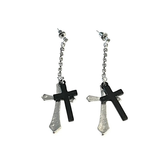 Wholesale 12 Pairs Rhinestone Cross Earrings Pierced Post Dangle Silver Black - Picture 4 of 4